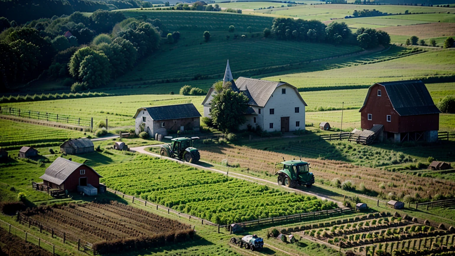 (ultra-high definition, hyper-realistic, highly detailed, high quality, sharp focus, professional lighting, vivid colors, intricate details), (rural farm background with barn, tractor, windmill, plantations, corral, chicken coop, countryside vegetation),