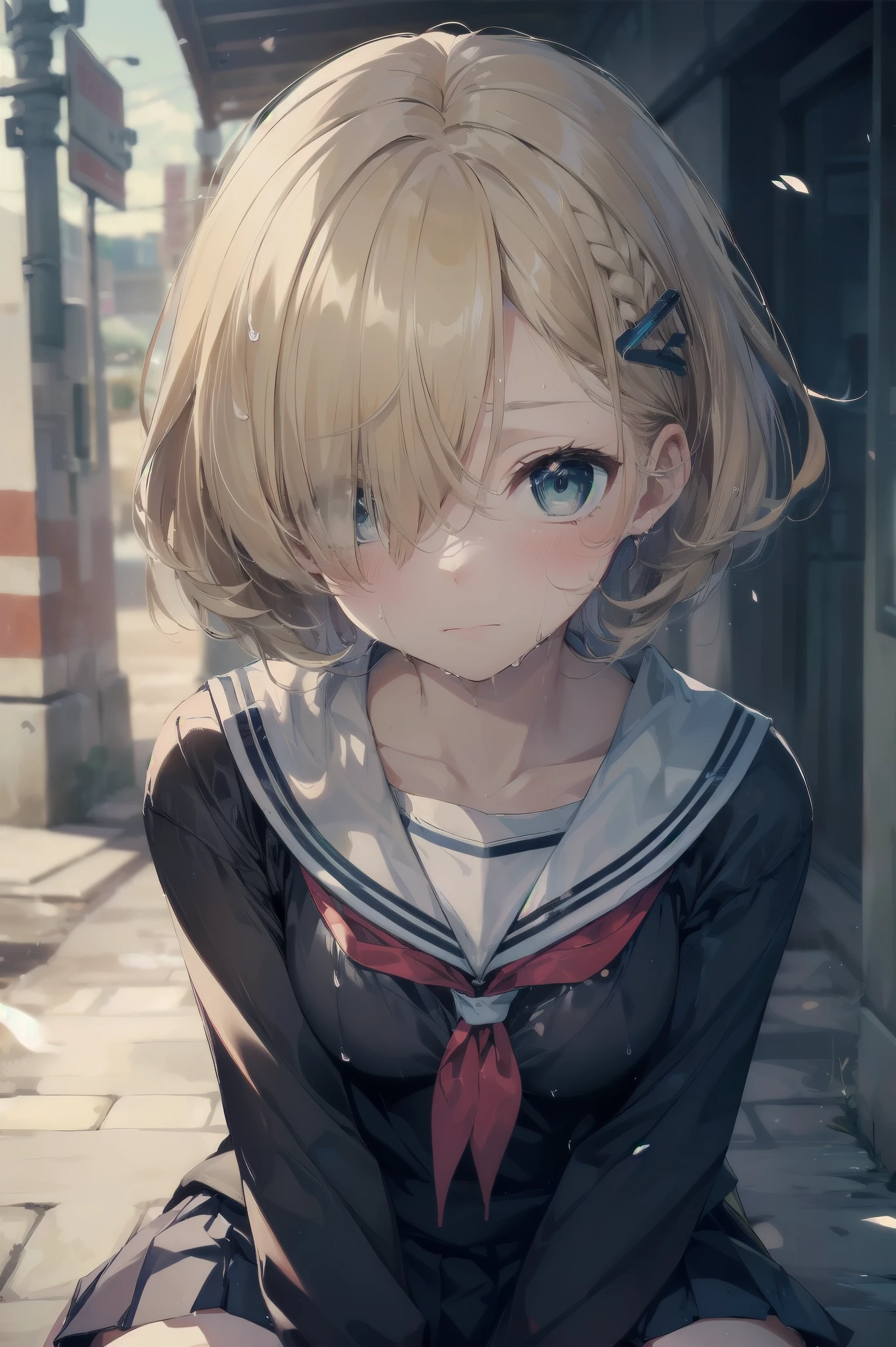 Heavy rain，stormy atmosphere，outdoors，highest quality, anime moe art style,Best Anime 8K Kona-chan Wallpaper，Pixiv contest winners，perfect anatomy, (Please draw a girl walking sleepily to school)，break, 1 girl, (s old:1.4)，high school student, (short hair), amount, (hair above one eye:1.9)，All limbs, full finger，medium breasts, between legs, small eyes，Precise blue eyes，hair clip, (sailor suit:1.5)，(school uniform:1.5) ，(wet clothes)，skirt，On the way to school，break，Super detailed,High resolution，super dense skin，professional lighting，8K eye details，(cute illustration:1.2)，blonde hair，(wet hair:1.4)，(bra visible through clothes)，No expression，(hair above one eye:1.2)，(Bawl)，(Embarrassed)，(steepled fingers)，(squatting)，(looking away), (half open mouth)，(white pants)