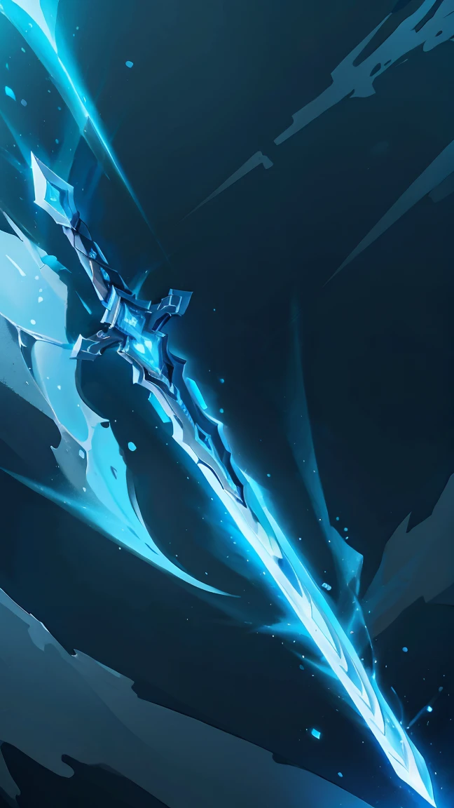 Blue twin swords with an ice aura and ice background,HD lighting and dark )<=(epic image quality)dark atmosphere with bright particle light(many effects in background)