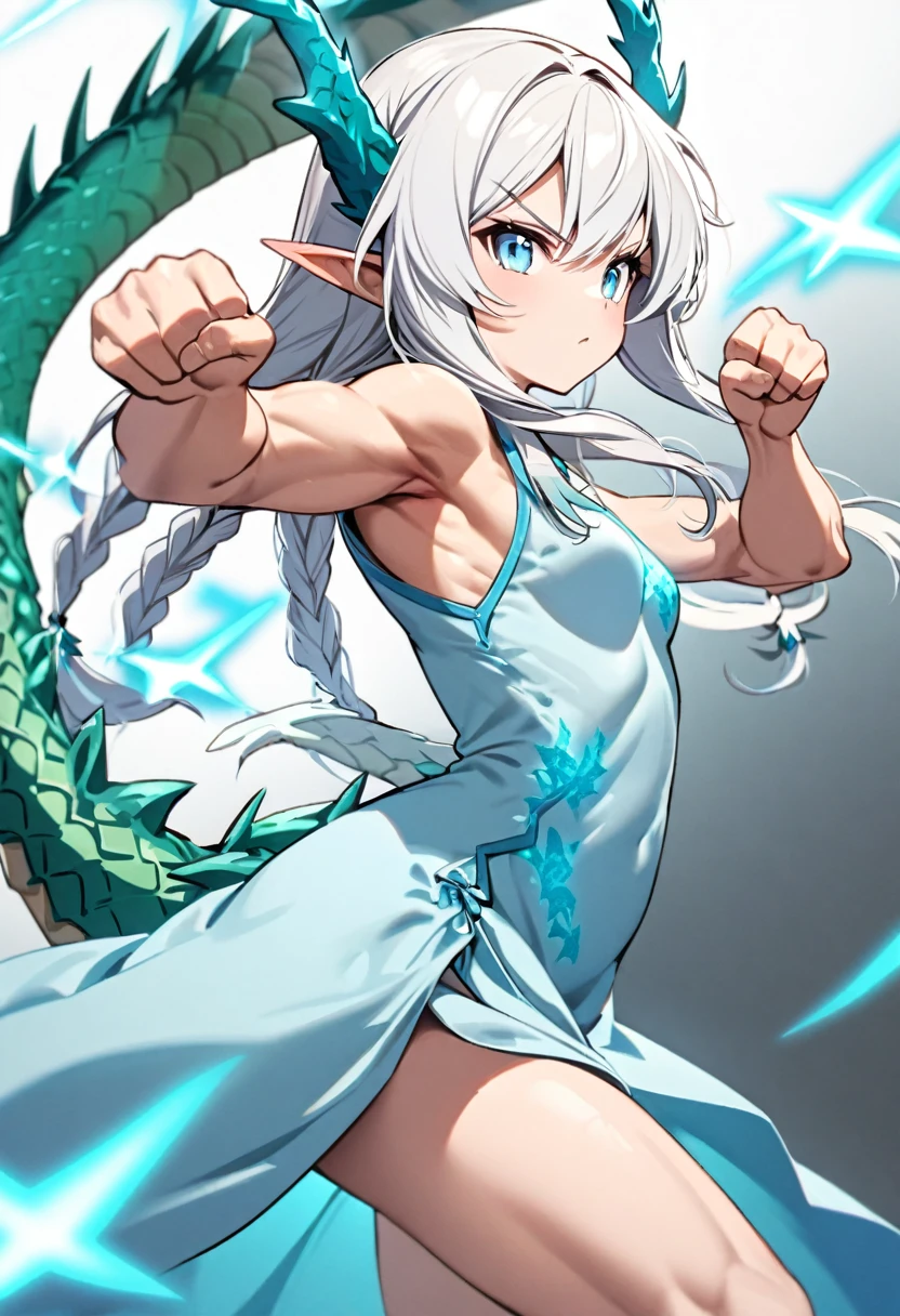 cute young girl, white hair, long hair, small braids hair, light blue eyes, elf ears, dragon tail, dragon thorn, muscular body, small breast, light blue dress, blue magic, fight pose