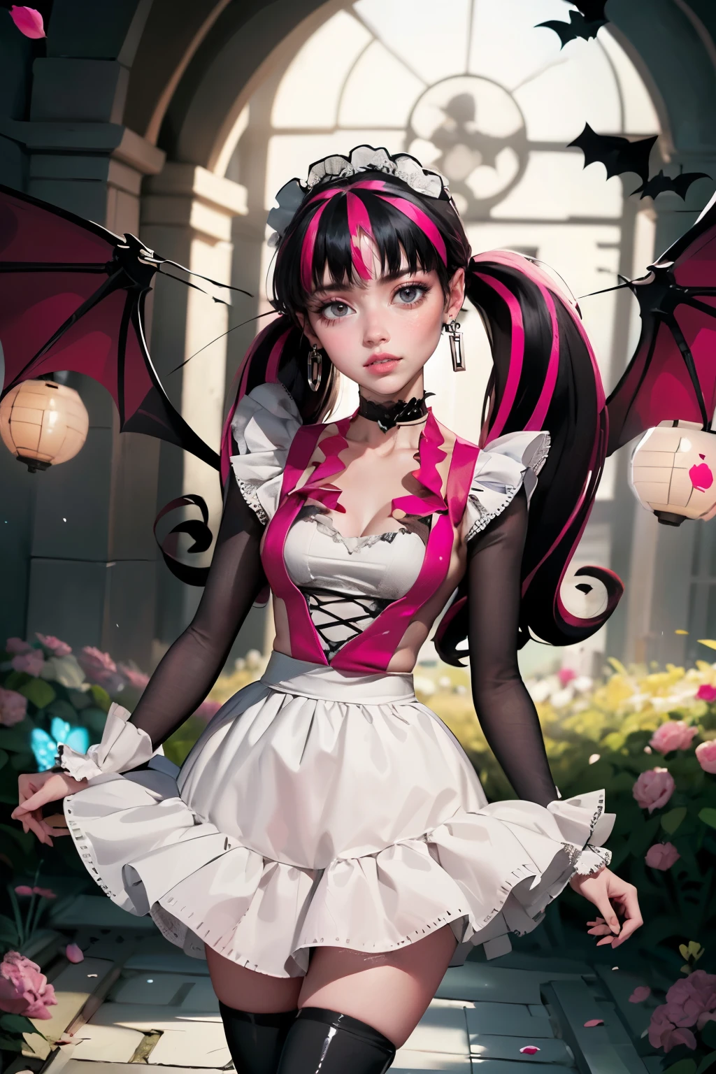 1 girl, a girl with bat wings, bat choker, necklace, centered, bat jewelry, award winning upper body portrait, cowboy shot, (looking at viewer:1.2), |
Draculaura_MH, solo, black half hair, pink half hair, multicolored hair, long hair, geisha style, tradicional japanese style, maid dress, white apron, maid apron, maid headdress, white skirt, pink knee boots, smiling, garden scenery, japanese lanterns, dark red roses on focus, garden, depth of field, cinematic composition, ((high quality)), ((Work of art)), (more detail), half black hair, half soft pink hair, wave hair, pink heart in the eyes, smile, vampire fangs, maid dress, black maid headdress, black maid apron, bat wings, pink skirt, black dress with transparency, pink laces, black gloves, black high socks, high hills boots, bat jewelry, jewelry, seat on the grass, dark red roses on focus, Draculaura_(monster high), Monster High, looking at the viewer, more details on the clothes, 1girl, dress, solo, flowing hair, floating hair, ornament hair, perfectly body, perfectly hands, on garden, petals, centered girl, black dress, more details on her clothes, dress with transparency, golden details, daylight, smiling, cape, ((4k, masterpiece, top-quality)),8k, best quality, high resolution, HD, (illustration:0.8), super cute girl, delicate and beautiful face, mature girl, super cute hairstyle, (beautiful detailed eyes:1.6), extremely detailed face, perfect lighting, extremely detailed CG, (perfect hands, perfect anatomy), Best quality, cleavage, small skirt, full Body, two arms, two legs, two hands, five fingers