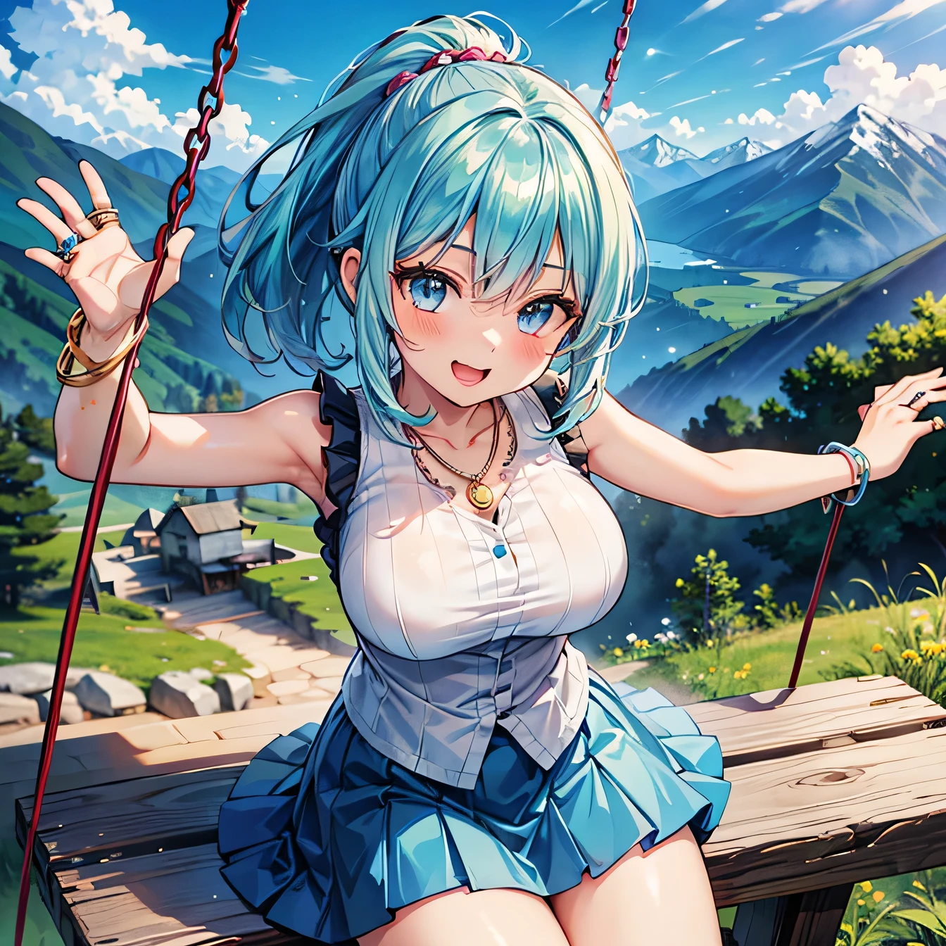 Anime Moe Art Style,Highest quality,High resolution,Anatomically correct,One Girl,Mid-teens,A girl with light blue hair in a ponytail,Super detailed,Fantasy World,Sleeveless blouse,mini skirt,Big Breasts,Shiny skin,Beautiful Skin,A rich expression,Laughing with your mouth open,Mountain trail,Daytime,Swing your arms wide and jump,Eyes drawn in detail,hair ornaments,necklace,bracelet,ring,8K