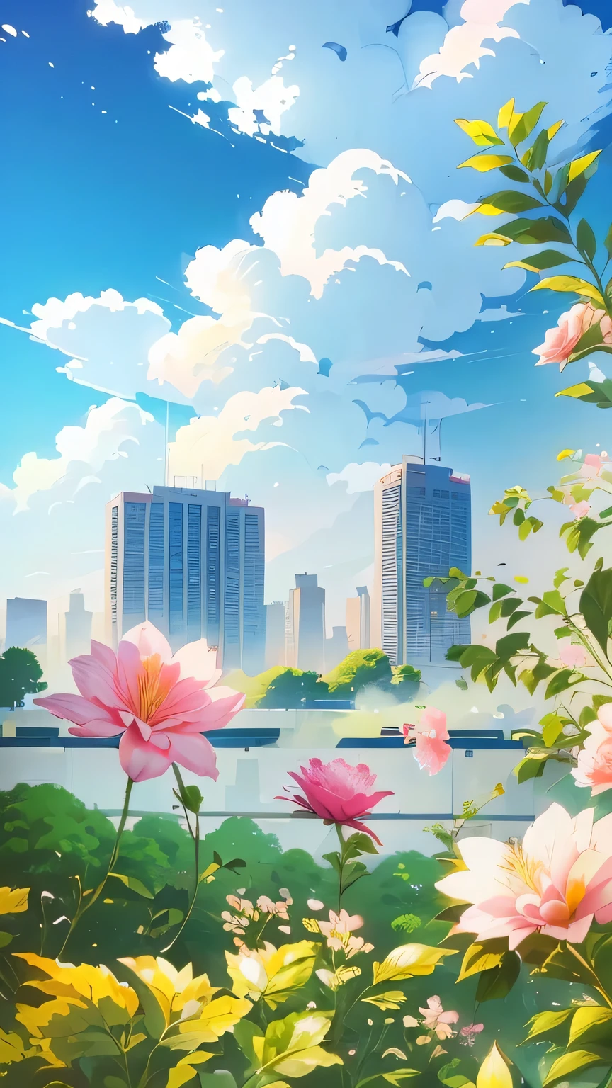 There are lots of pink flowers in the foreground of the city, beautiful cityscape, 4k hd wallpaper illustration, beautiful cityscape background, Beautiful art UHD 4K, background technologywork, Amazing wallpapers, anime background technology, background technology, Wallpaper HD beautiful, 4K HD illustration wallpaper, Anime Landscape Wallpaper, Beautiful Numbers, beautiful city, A beautiful artistic illustration, City background