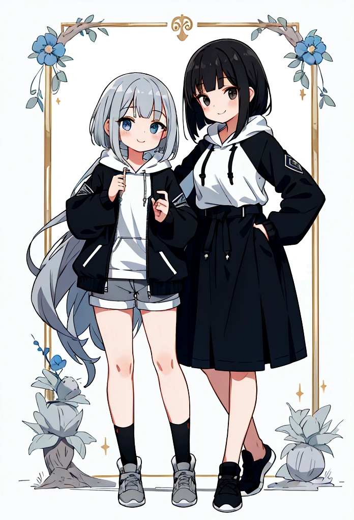 Girl,Silver Bob,blue eyes,birthday,whole body,White hoodie,Grey shorts,smile,older sister,Long black hair brown eyes,uniform,2 people