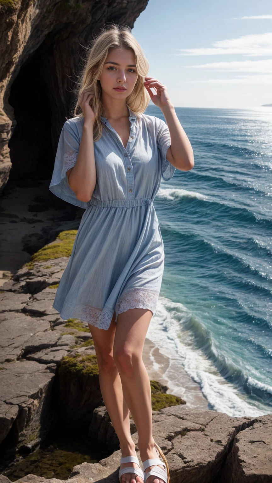 A beautiful european girl, wearing crepe de Chine dress, sky blue dress, Hands up fixing hair, full body, on the edge of the Cliffs. She is 24 years old, has white hair and grey eyes. Her cloth is stylish and her overall appearance is stunning. The girl's face is extremely detailed with beautifully detailed lips. Her skin is anatomically correct with realistic textures. The image should have super high details and be of the best quality, with a resolution of 8K. The final result should be a masterpiece, showcasing the girl's beauty and the vibrant atmosphere of the ocean and Cliffs