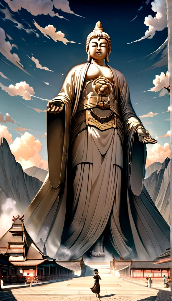 ((masterpiece))，(最high quality))，Chinese style，In the sky, Clouds form a giant Maitreya Buddha statue，Gazing at Earth，Standing Buddha statue，The light shines，Glow effect，Pilgrims&#39; Path，Surreal，Ultra-photorealism，real photography，8K，High resolution，high quality，Masterpieces，Ultra-fine，Chinese black and white ink style，（（（White））），Decolorization，Dirt，ink，8K，Ultra-fine，high quality，（（（OC Renderer）））