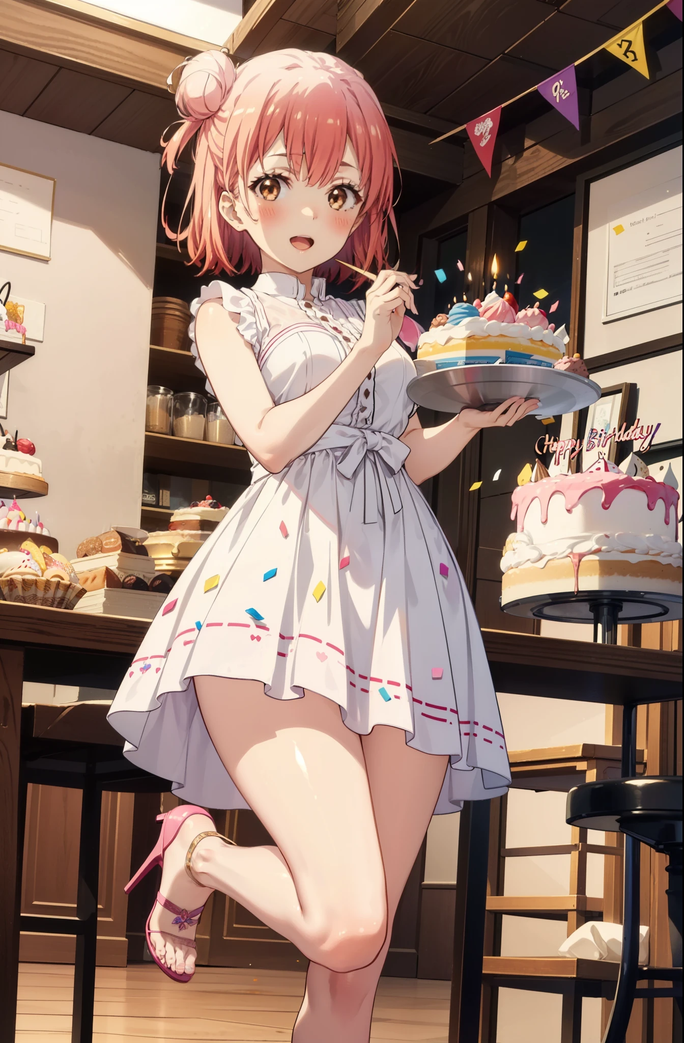 yuiyuigahama, yui yuigahama, One Girl,short hair, (Brown eyes:1.5), (Pink Hair:1.2), Hair Bun, single Hair Bun, smile,blush,Open your mouth wide,Pink sleeveless dress,Long skirt,Stiletto heels,A birthday cake with lit candles,
,There is a round birthday cake on the desk.,Confetti,cracker,whole bodyがイラストに入るように,
break indoors, Party Venue,
break looking at viewer, whole body,
break (masterpiece:1.2), Highest quality, High resolution, unity 8k wallpaper, (figure:0.8), (Beautiful attention to detail:1.6), Highly detailed face, Perfect lighting, Highly detailed CG, (Perfect hands, Perfect Anatomy),