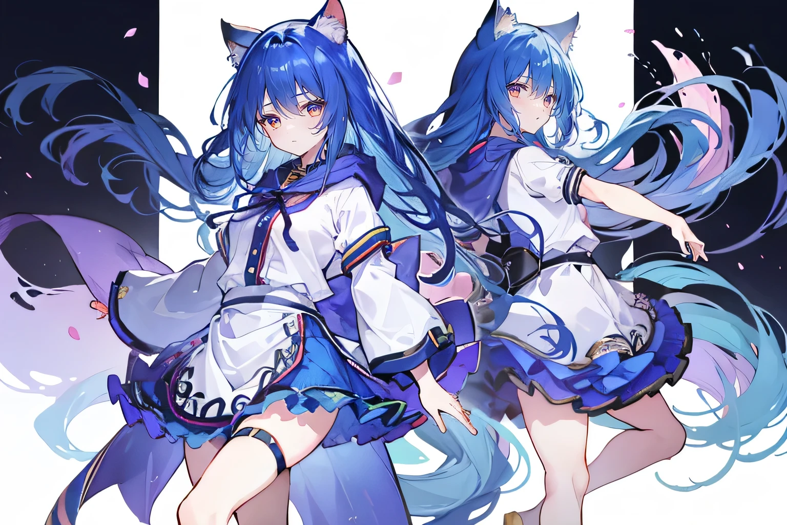 （masterpiece：1.2），Super detailed，lifelike，Expressive eyes，fair skin，perfect face shape，1 girl，
Japanese comics,Gorgeous blue hair,flowing blue hair,flowing clothes,Cat ears,Petals fall,beautiful lola,Baby Angel,
Shaking head with one hand，Cross your legs，Gentle and peaceful background，The pavilion is cool and comfortable,smile, wearing hoodie, background of tokyo,back views.