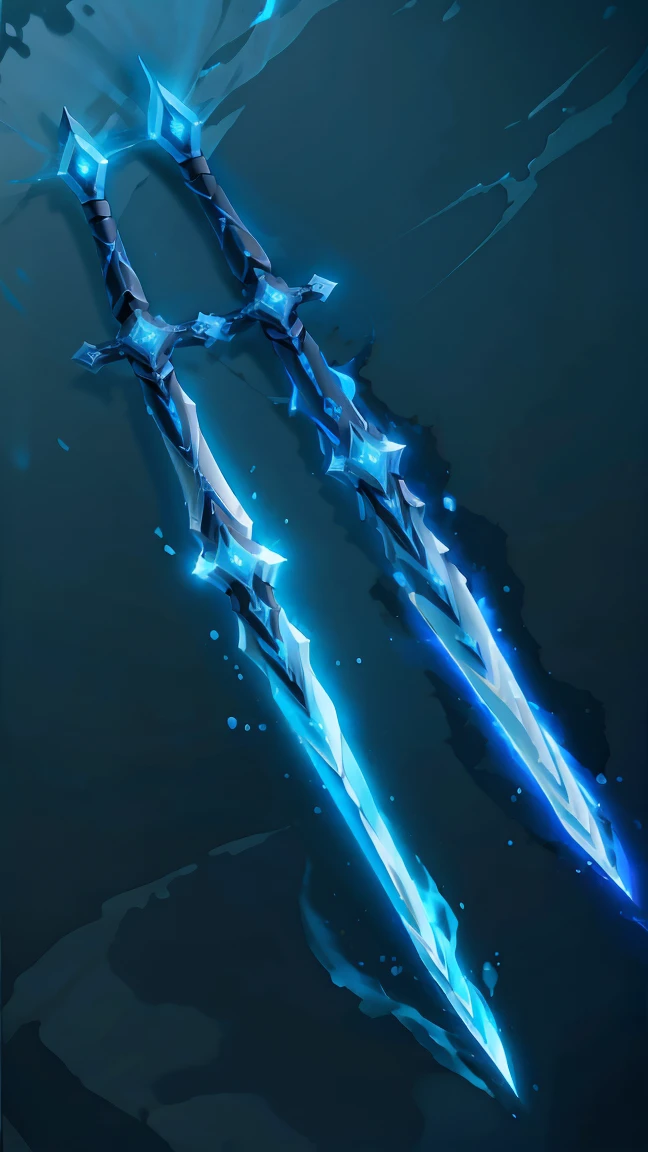 Blue twin swords with an ice aura and ice background,HD lighting and dark )<=(epic image quality)dark atmosphere with bright particle light(many effects in background)