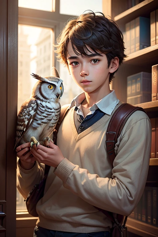 A boy in is in the library and she brought her pet owl in her shoulder