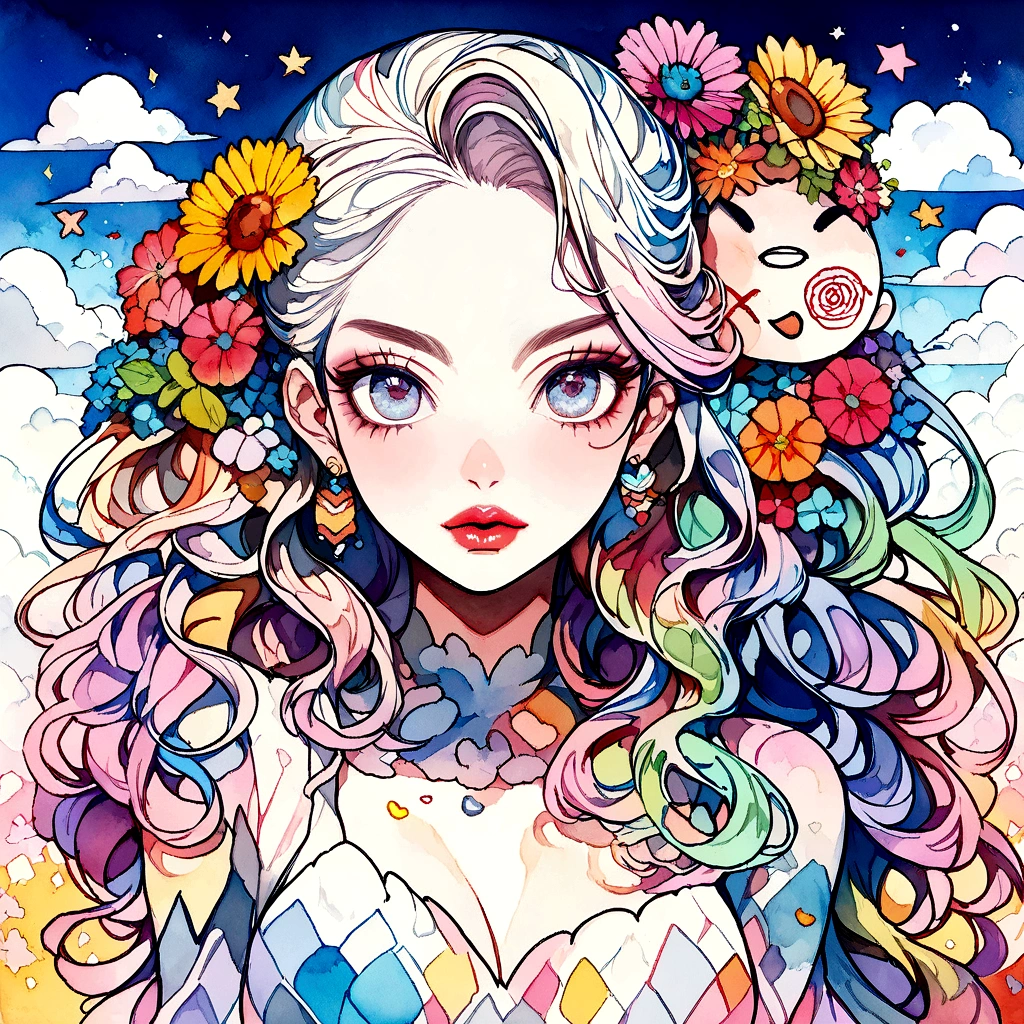 Mai Yoneyama Style、(((stylish fashion))), 8K Quality、Intense watercolor, Detailed watercolor art, Watercolor splash, Surreal, avant-garde pop art, Beautiful and expressive paintings, Beautiful artwork illustration, Very colorful tones, wonderful, Cool beauty, highest quality、Official Art, Vector art, Stylish design, (((The most beautiful girl))), (((highest quality))), HDR, ((detailed)), (((Doodle Art)), ((masterpiece)), ((Super detailed)), (((Colorful flowers))),(((Stylish))), Lips in love