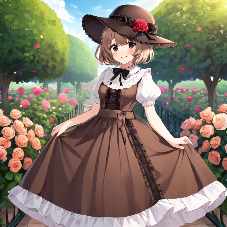 girl, short hair, brown maxi lolita dress with hat, black eyes, rose garden, fantasy, smile
