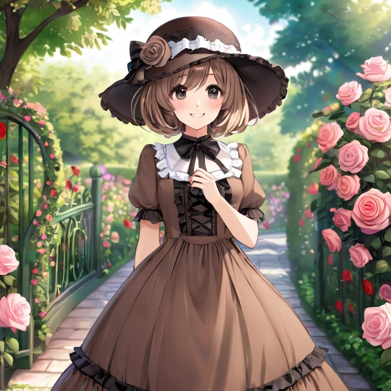 girl, short hair, brown maxi lolita dress with hat, black eyes, rose garden, fantasy, smile