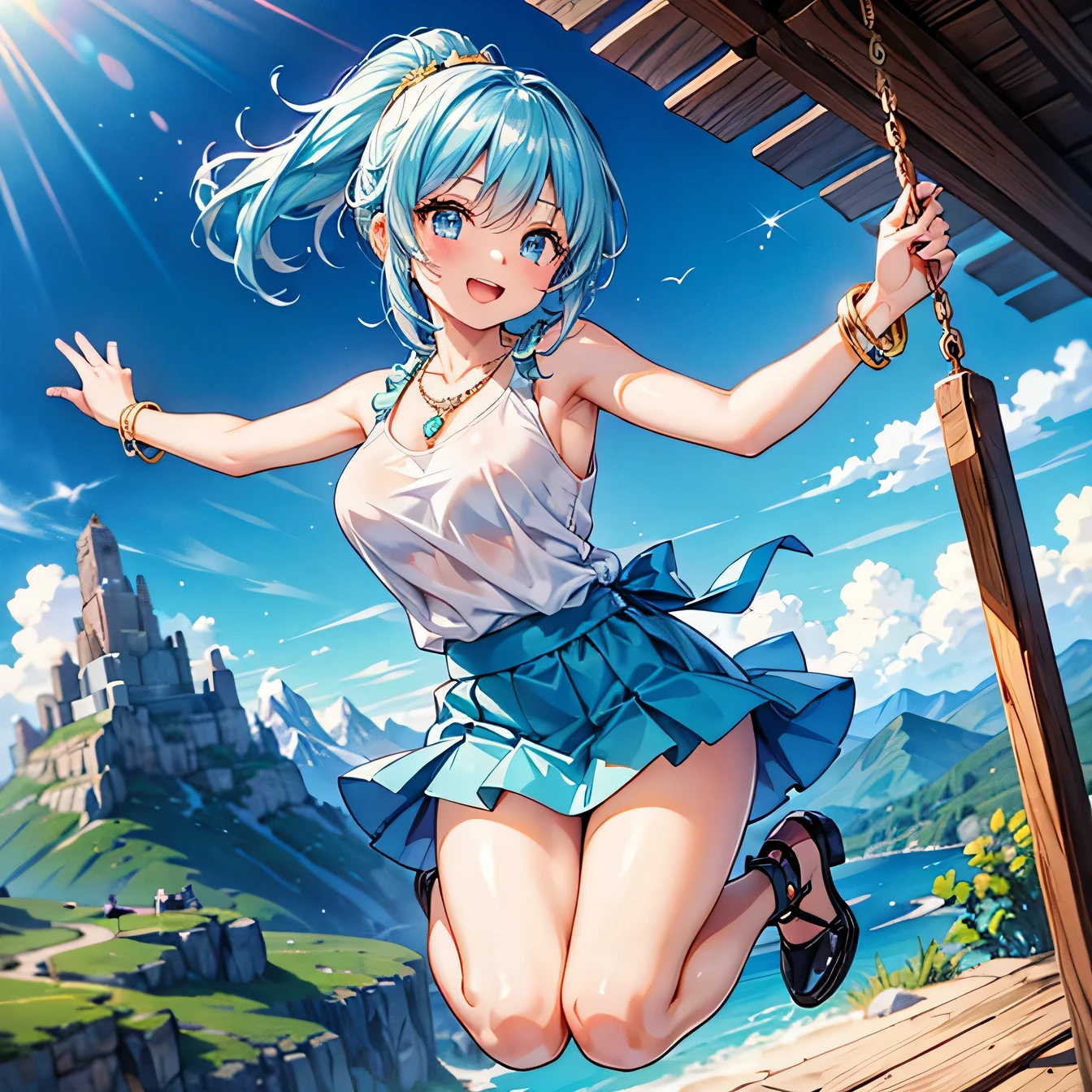 Anime Moe Art Style,Highest quality,High resolution,Anatomically correct,One Girl,Mid-teens,A girl with light blue hair in a ponytail,Super detailed,Fantasy World,Sleeveless blouse,mini skirt,Big Breasts,Shiny skin,Beautiful Skin,A rich expression,Laughing with your mouth open,Mountain trail,Daytime,Swing your arms wide and jump,Eyes drawn in detail,hair ornaments,necklace,bracelet,ring,8K