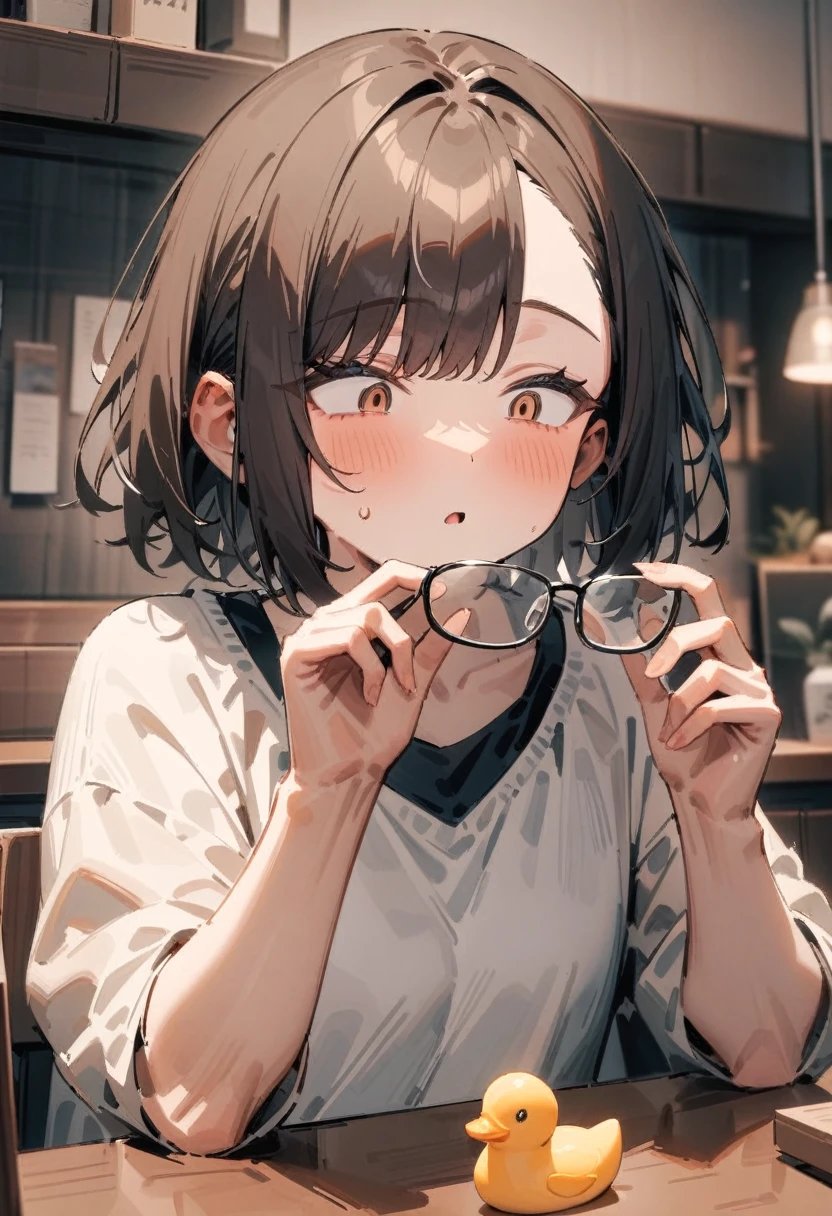 masterpiece, best quality, very aesthetic, absurdres, newest, 1girl, solo, young adult, brown hair, asymmetrical bangs, medium hair, (holding glasses in hand:1.2), (narrowed eyes:1.2), (surprised eyes:1.2), looking at object, curious expression, casual clothing, indoor, sitting, upper body, front view, table, toy duckling