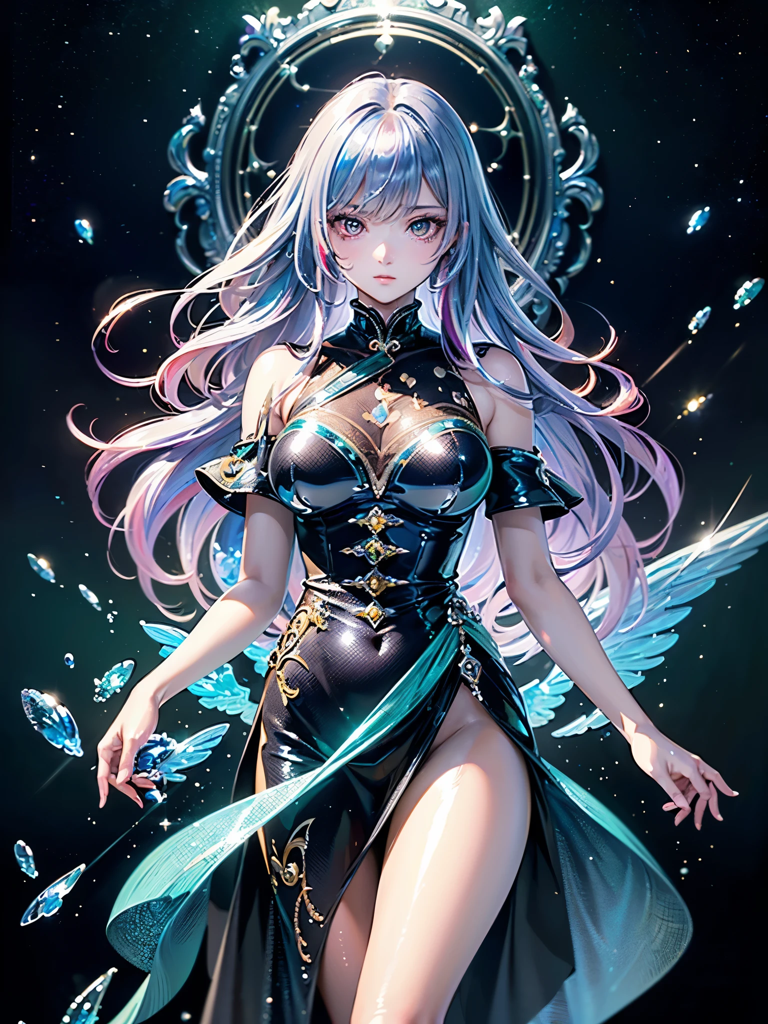 ((Highest quality)),(Ultra-high resolution),(Very detailed),(Detailed Description),((The best CG)),(A masterpiece),Ultra-detailed art,Amazing painting art,(Art with precise detail:1.5), (Shiny Hair:1.7),gem:1.3, sparkle:1.3, darkness:1.6, Light:1.7