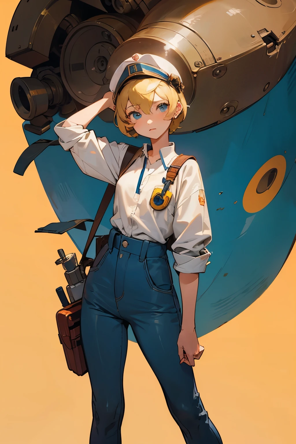 ### AI Art Prompt
Create an image of Mid Tinker, a 16-year-old genius inventor. She has short blonde hair, bright blue eyes, and peach-colored skin. Mid wears a white shirt, engineer pants, and boots, with a mechanic jacket tied around her waist. Engineer goggles rest atop her head. Despite her unassuming demeanor, she is known as "Tinker-Lady" for her inventive gadgets. She exudes curiosity, determination, and independence, always ready to solve problems and help others. Capture her in a scene where she's working on a new gadget, blending her school life with her secret superhero persona.