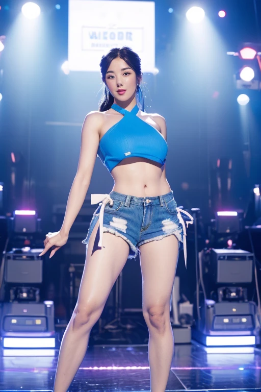 kwoneunbilora, black hair, black eyes, WATERBOMB, jean shorts, hot pants, beautiful body, Sky blue bikini with see-through top, dancing and singing on stage, wet, festival atmosphere