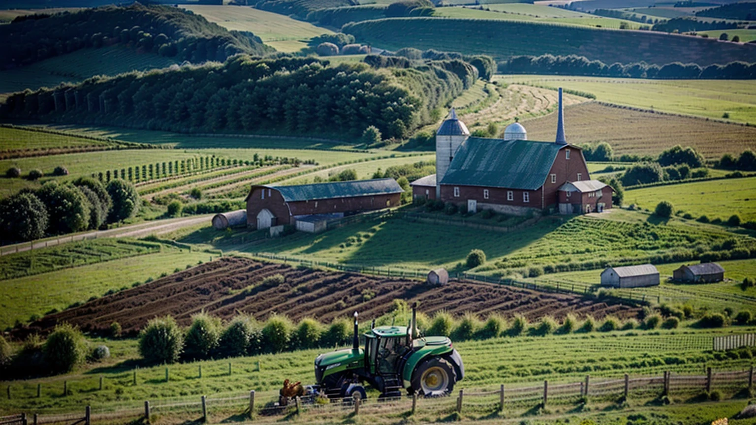 (ultra-high definition, hyper-realistic, highly detailed, high quality, sharp focus, professional lighting, vivid colors, intricate details), (rural farm background with barn, tractor, windmill, plantations, corral, chicken coop, countryside vegetation),