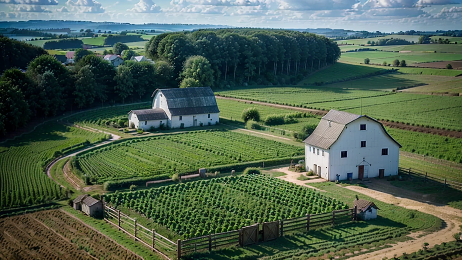 (ultra-high definition, hyper-realistic, highly detailed, high quality, sharp focus, professional lighting, vivid colors, intricate details), (rural farm background with barn, tractor, windmill, plantations, corral, chicken coop, countryside vegetation),
