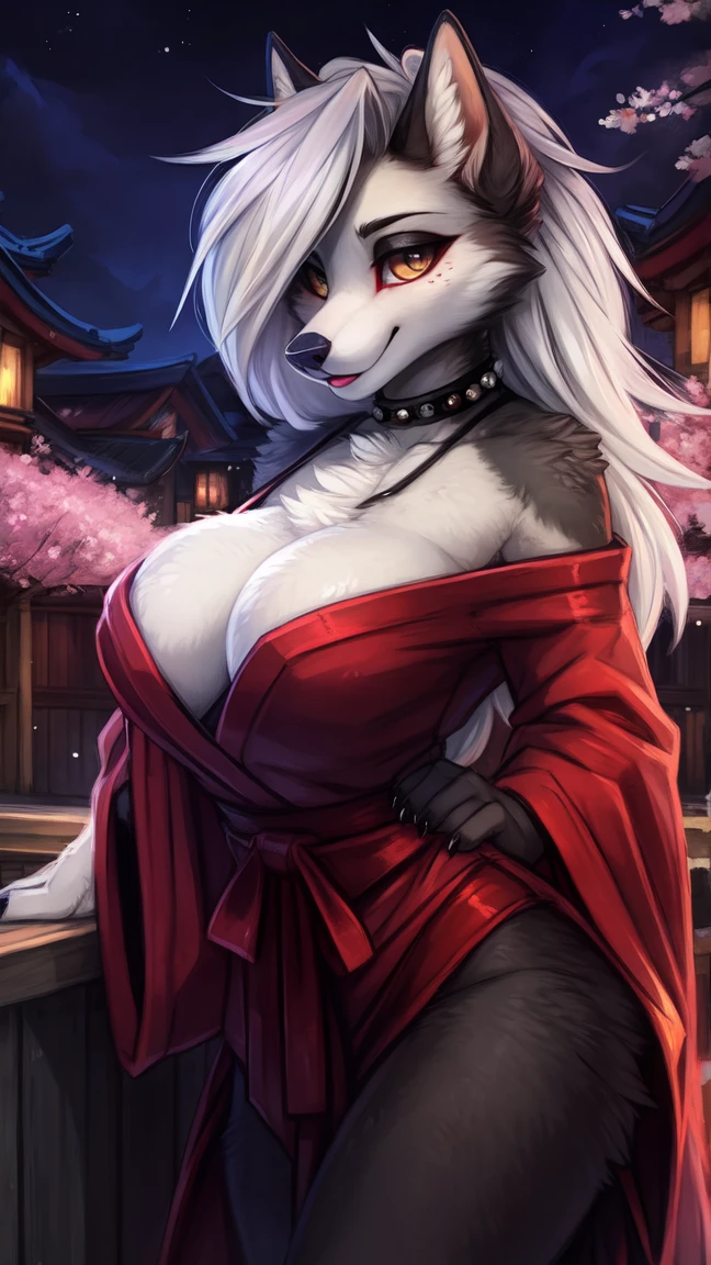 by kenket, Ross Tran, ruan jia, zaush, foxovh, by Zackary911, by hyattlen, by teranen, by fumiko, by Pixelsketcher, by fluff-kevlar, bye r-mk, by Dimwitdog, Furry, Anthro, (oiran), ((prostitute)), (luxurious off-shoulder kimono), (loona), hellhound, kemono, (huge breasts), long (elegant) white hair, hourglass body, revealing outfit, seductive, alluring eyes, looking at viewer, gray fur, white fur, traditional japanese, magic fantasy, (mature), milf, tall, curvy, outdoors, cherry blossoms, nighttime, cleavage, tugging on own clothes, (red sclaera),