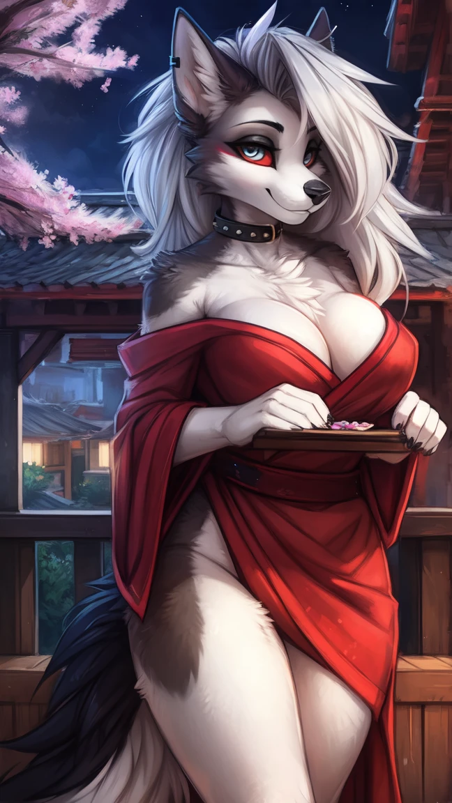 by kenket, Ross Tran, ruan jia, zaush, foxovh, by Zackary911, by hyattlen, by teranen, by fumiko, by Pixelsketcher, by fluff-kevlar, bye r-mk, by Dimwitdog, Furry, Anthro, (oiran), ((prostitute)), (luxurious off-shoulder kimono), (loona), hellhound, kemono, (huge breasts), long (elegant) white hair, hourglass body, revealing outfit, seductive, alluring eyes, looking at viewer, gray fur, white fur, traditional japanese, magic fantasy, (mature), milf, tall, curvy, outdoors, cherry blossoms, nighttime, cleavage, tugging on own clothes, (red sclaera),