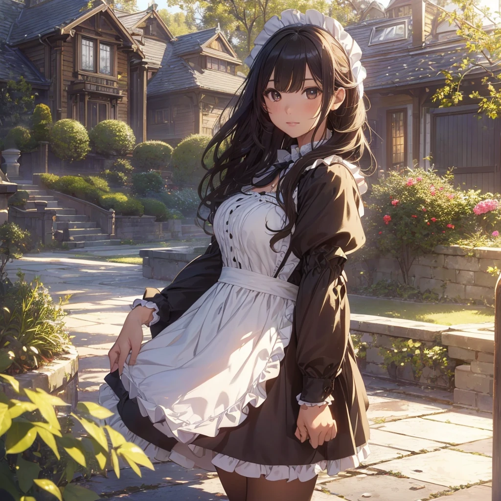 masterpieces,best quality,(ultra_detailed),3D,(realistic:1.9),(photorealistic:1.9),(light falloff at edges:1.9),shallow depth of field,sensual girl,in garden,at morning,western‐style house in the background,plump,(brown _pantyhose,)wavy long hair,built bangs,drooping eyes,wide-set eyes,lovely round eyes,looking away,round face, (maid costume),