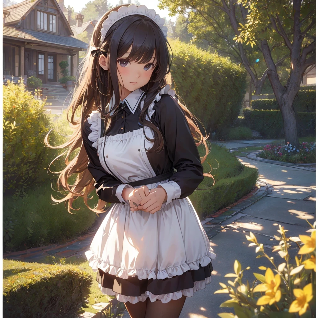 masterpieces,best quality,(ultra_detailed),3D,(realistic:1.9),(photorealistic:1.9),(light falloff at edges:1.9),shallow depth of field,sensual girl,in garden,at morning,western‐style house in the background,plump,(brown _pantyhose,)wavy long hair,built bangs,drooping eyes,wide-set eyes,lovely round eyes,looking away,round face, (maid costume),