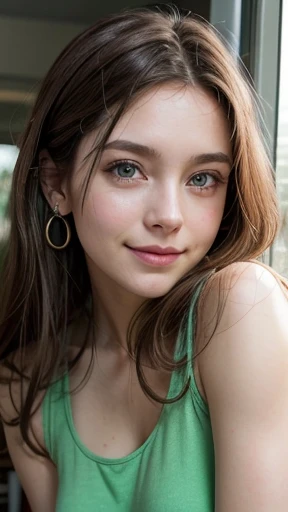 White woman, 35 years old, Brown hair, long hair, Nice hair, Nice face, simetric face, Green eyes, Nice body, cute, shy, green tank top, smile, earrings, misterious place