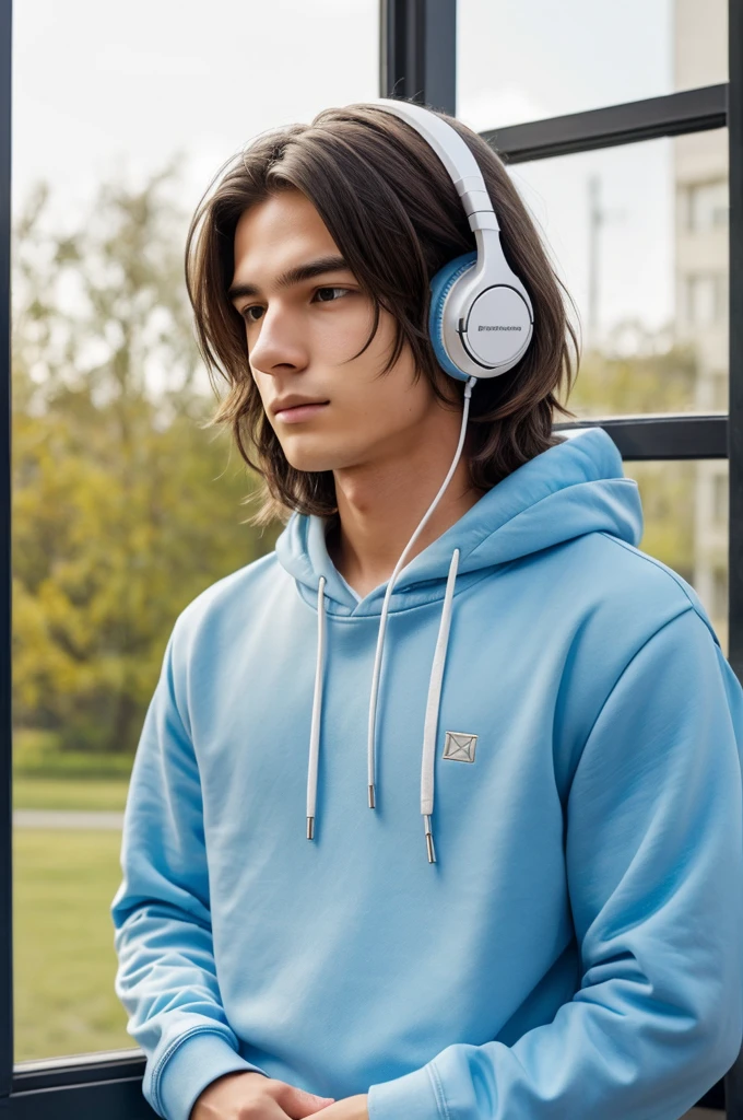 (((Good quality))), realistic boy, with calm look, somewhat layered hair not so long, with headphones on the neck, with a light blue sweatshirt, white tea, 17 years old