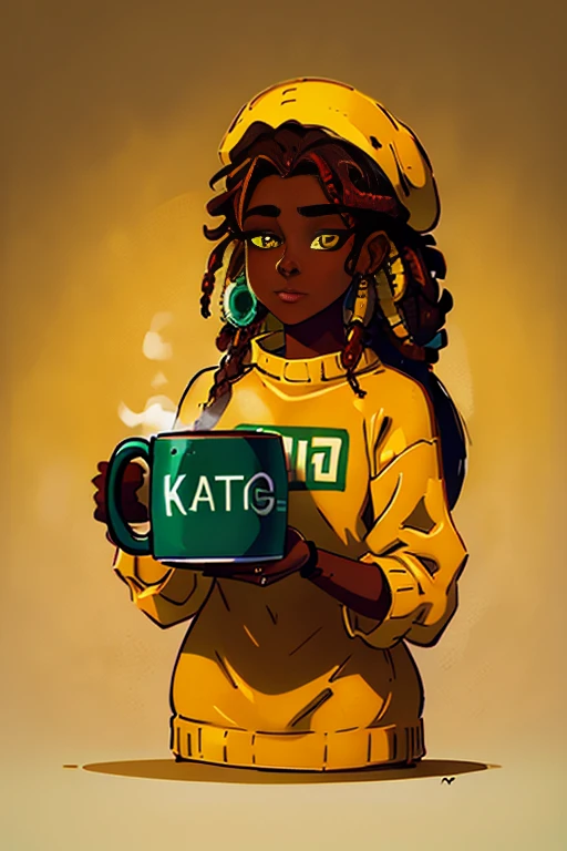 Dark-skinned pretty young woman wearing an oversized fuzzy fitted shirt, shy, ((holding a mug with the letters &quot;Katie&quot; written on it)), insanely detailed, 4K, 2d illustration, Knitted red-yellow-green beret, dreadlocks, clearly detailed eyes,  Glowing brown eyes