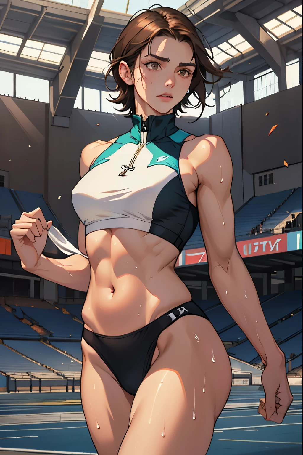 ((masterpiece)), ((Highest quality)),Ultra-high resolution, Caustics, detailed, Beautiful detailed Eyes, alone, (Athletics Stadium, Track and field athlete),Cowboy Shot,20 year old beauty、( another, High leg bloomers ,Show your belly),Slender body, Ideal body proportions,Sweat,Medium chest,Brown eyes, Shortcuts,Brown Hair,Painful expression、running,Flexible body,