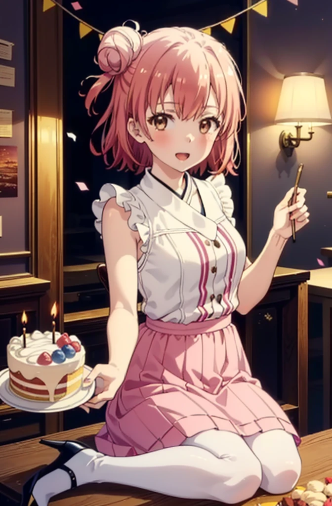 yuiyuigahama, yui yuigahama, One Girl,short hair, (Brown eyes:1.5), (Pink Hair:1.2), Hair Bun, single Hair Bun, smile,blush,Open your mouth wide,Pink sleeveless dress,Long skirt,Stiletto heels,A birthday cake with lit candles,
,There is a round birthday cake on the desk.,Confetti,cracker,whole bodyがイラストに入るように,
break indoors, Party Venue,
break looking at viewer, whole body,
break (masterpiece:1.2), Highest quality, High resolution, unity 8k wallpaper, (figure:0.8), (Beautiful attention to detail:1.6), Highly detailed face, Perfect lighting, Highly detailed CG, (Perfect hands, Perfect Anatomy),