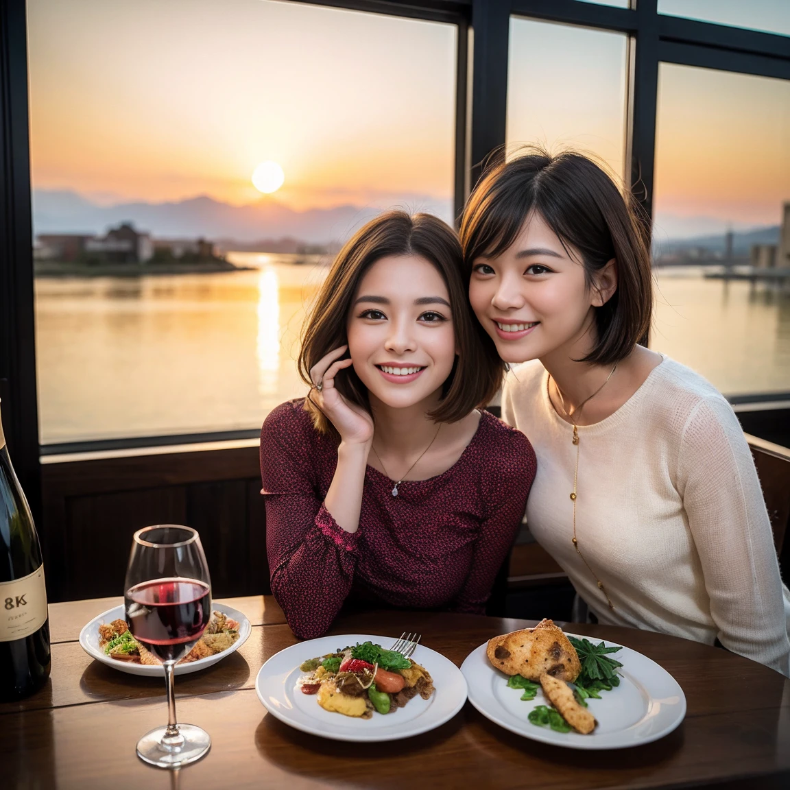 ((Highest quality、8K、masterpiece:1.3))、 (Genuineistic, Genuine、Bright image、Intricate details:1.2), 最高のsmile、1 male 1 female、Beautiful couple、Lovey-dovey lovers、fiancee、Good friends、actress couple、smile、Full-course dinner at a packed table、 (Slim face), (the body is slim), (Brown Hair), (short hair), テーブルのwine glass、Please shine a light on my face、 Amazing view of the sunset sky and clouds、42 years old 39 years old, red wine 、Appetizers、Wine bottle、sparkling wine、Long sleeve shirt、dress、White wine, red wine, wine glass,