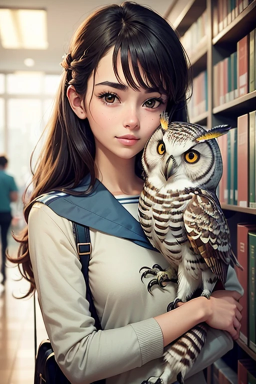 A guy in stripe uniform is in the library and she brought her pet owl in her shoulder