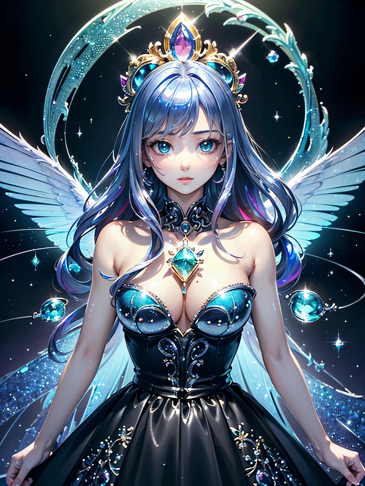 ((Highest quality)),(Ultra-high resolution),(Very detailed),(Detailed Description),((The best CG)),(A masterpiece),Ultra-detailed art,Amazing painting art,(Art with precise detail:1.5), (Shiny Hair:1.7),gem:1.3, sparkle:1.3, darkness:1.6, Light:1.7