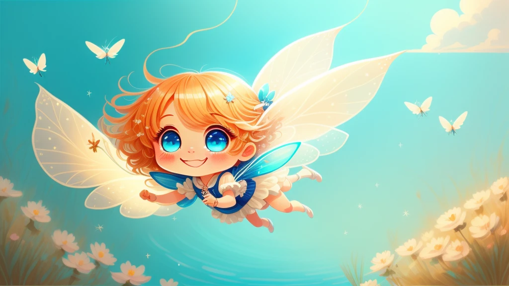 Cute s, light colors hair, blue eyes, gossamer,illustration, A masterpiece in bright light, stunning art! The art of magic, fairy tale artwork, inspiring art, exquisite artwork high quality、masterpiece、Sparkling fairies、smile、Fly 10 meters above the beautiful springs、sky diving