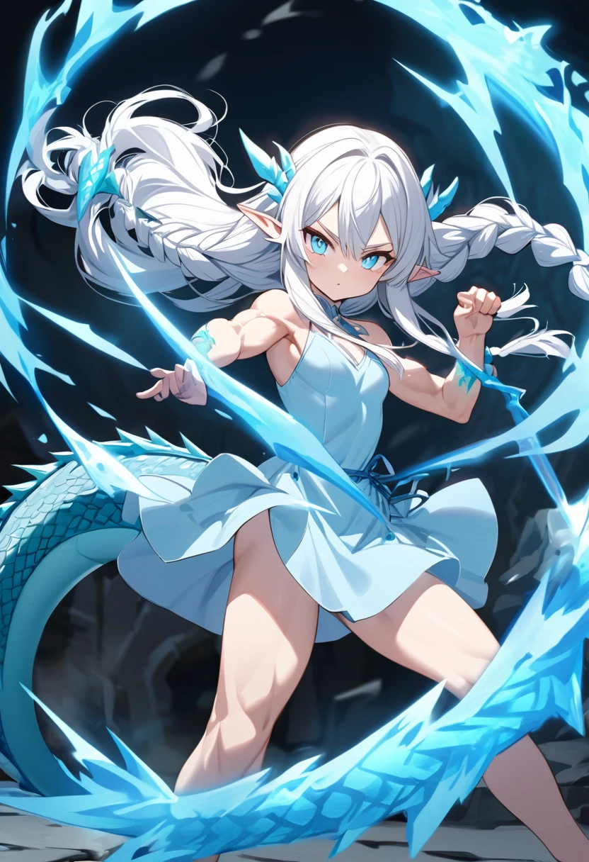 cute young girl, white hair, long hair, small braids hair, light blue eyes, elf ears, dragon tail, dragon thorn, muscular body, small breast, light blue dress, blue magic, fight pose