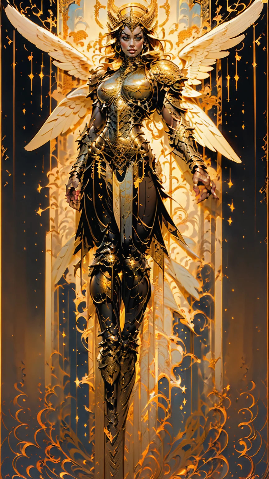 (cara delevingne), ((((((1 muscular angel girl)))))), (((huge upper body))), long hair, ((((huge angelic wings))), (((intricate ornate angelic full body armor))), ((((full body front view)))), (((perfect hands, perfect fingers))), (((tarot style background)))