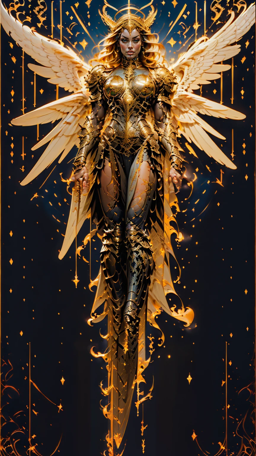 (cara delevingne), ((((((1 muscular angel girl)))))), (((huge upper body))), long hair, ((((huge angelic wings))), (((intricate ornate angelic full body armor))), ((((full body front view)))), (((perfect hands, perfect fingers))), (((tarot style background)))