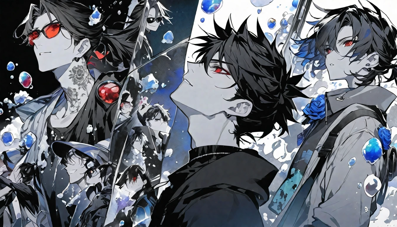 独奏,handsome, monochrome,watercolor,1 male, Ponytail, Braided black hair, red eyes, Gojo Satoru,casual,Blue Rose Tattoo,black Oversized 服,casual,Stylish,cool,Wear sunglasses around your neck,Void,look up,
blackbackground,İcon,Despise face up,Soap bubble,gem,
