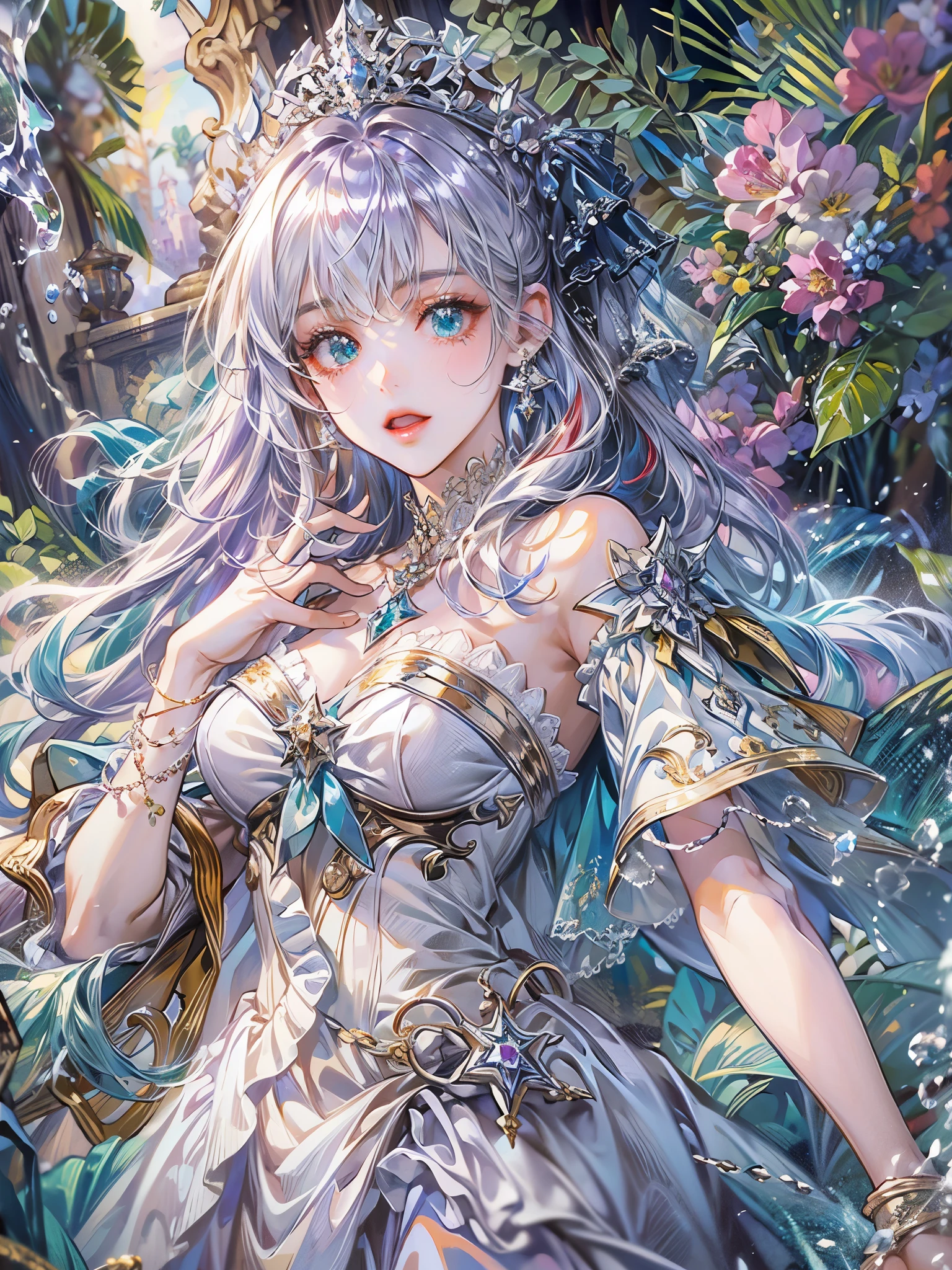 (masterpiece, Extremely detailed, exquisite, beautiful, Full HD, High resolution, disorganized), soft edge, soft lines, woman, charming princess, goblin, Happy, fun, smile, looking at the viewer, wavy hair, medium hair, Big eyes, white skin, beautiful breasts, slim, sapphire crown, sapphire earrings, sapphire choker, with wings, white background, Objects with a sapphire motif,From before, dynamic angle, shining light, dramatic lighting, warm lighting, soft lighting, Depth of the bounds written, fantasy, beautiful, dreamy atmosphere, (white and light blue ball gown dress:1.1, pure white lace and frills,Dress with sapphire motif), light blue hair, purple eyes