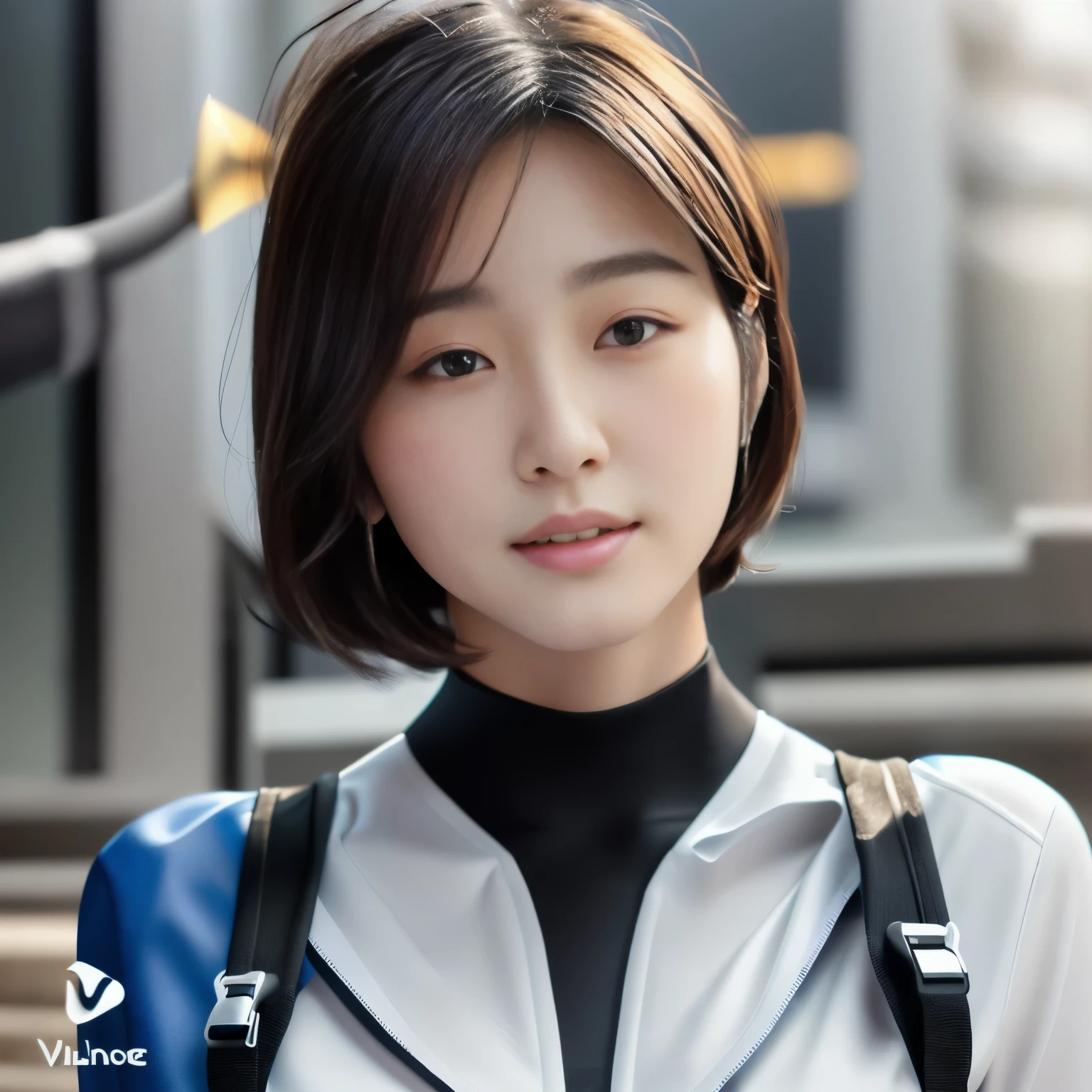 There is a woman wearing a white top and a black backpack., San Yun-ju, Portraits of Korean female idols, Soft Portrait Shot 8k, 8k art germany bokeh, Jaeyoung Nam, Portrait Anime Astronaut Girl, Close-up portrait shot, Short hair, Realistic Anime 3D Style, sakimichan hdri, Korean Girls, Gorgeous Young Korean Woman、Photorealistic、