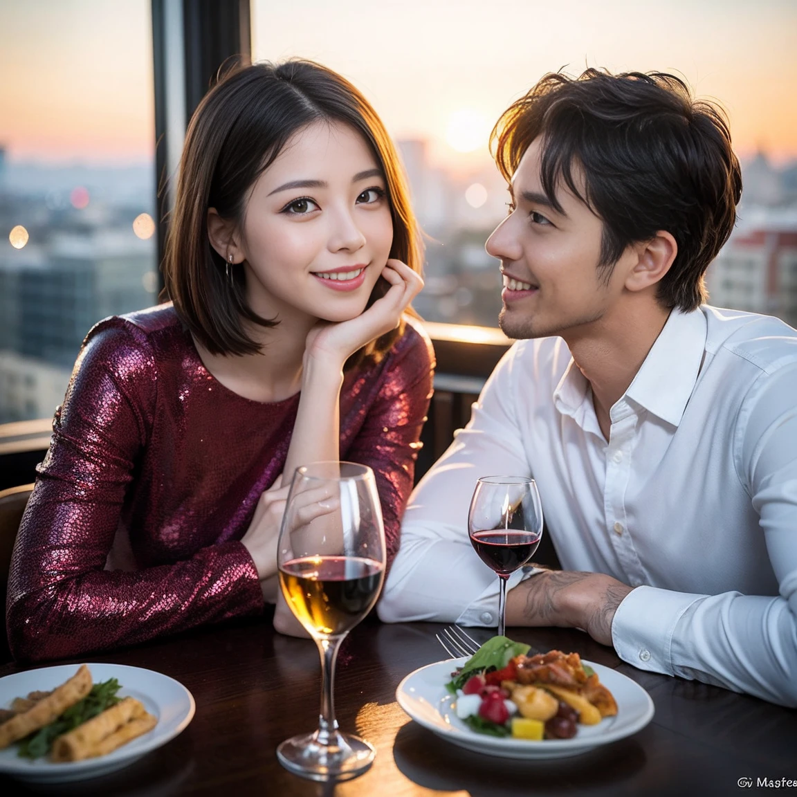 ((Highest quality、8K、masterpiece:1.3))、 (Genuineistic, Genuine、Bright image、Intricate details:1.2), 最高のsmile、1 male 1 female、Beautiful couple、Lovey-dovey lovers、Satomi Ishihara lookalike fiance、Good friends、actress couple、smile、Full-course dinner at a packed table、 (Slim face), (the body is slim), (Brown Hair), (short hair), テーブルのwine glass、Please shine a light on my face、 Amazing view of the sunset sky and clouds、42 years old 39 years old, red wine 、Appetizers、Wine bottle、sparkling wine、Long sleeve shirt、dress、White wine, red wine, wine glass, 