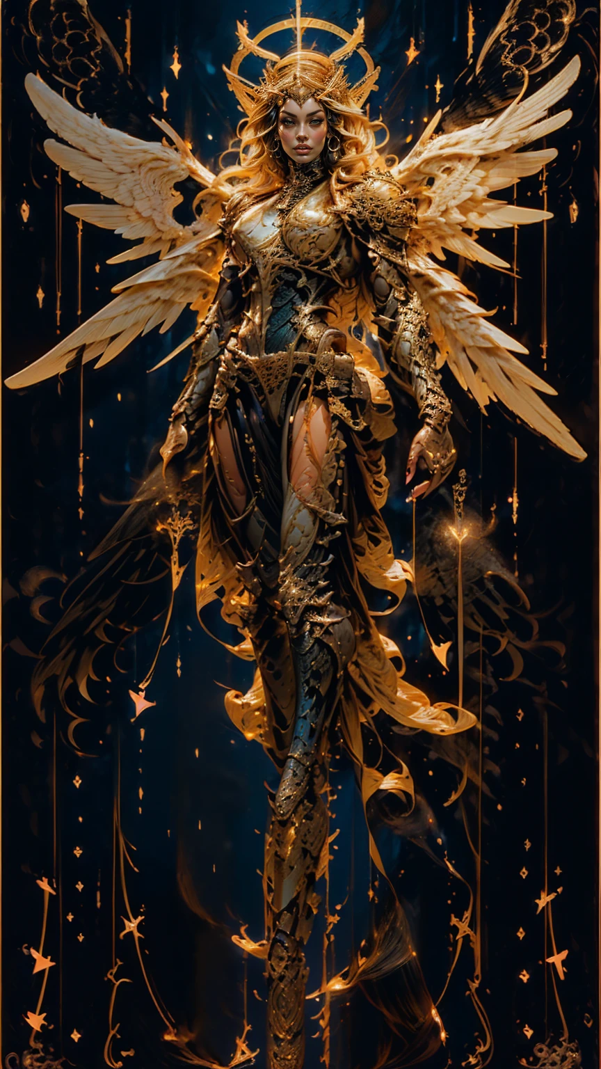 (cara delevingne), ((((((1 muscular angel girl)))))), (((huge upper body))), long hair, ((((huge angelic wings))), (((intricate ornate angelic full body armor))), ((((full body front view)))), (((perfect hands, perfect fingers))), (((tarot style background)))