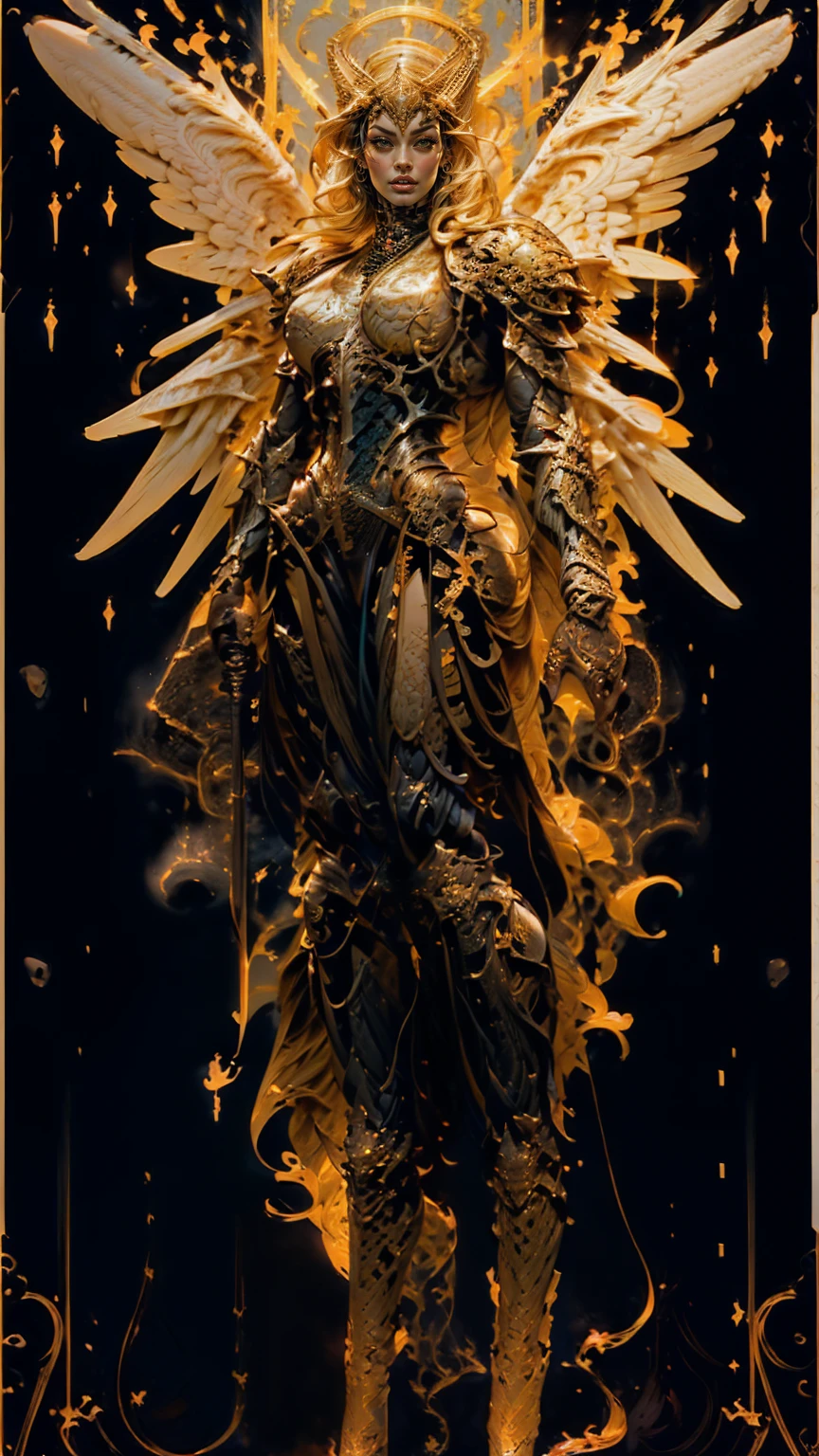 (cara delevingne), ((((((1 muscular angel girl)))))), (((huge upper body))), long hair, ((((huge angelic wings))), (((intricate ornate angelic full body armor))), ((((full body front view)))), (((perfect hands, perfect fingers))), (((tarot style background)))