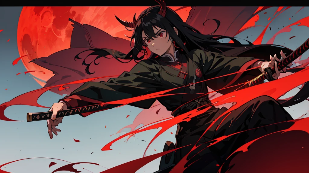 Demon slayer, long hair, samuraj, tree,red moon, katana, ultra quality, 32k, masterpiece, holding two katanas
