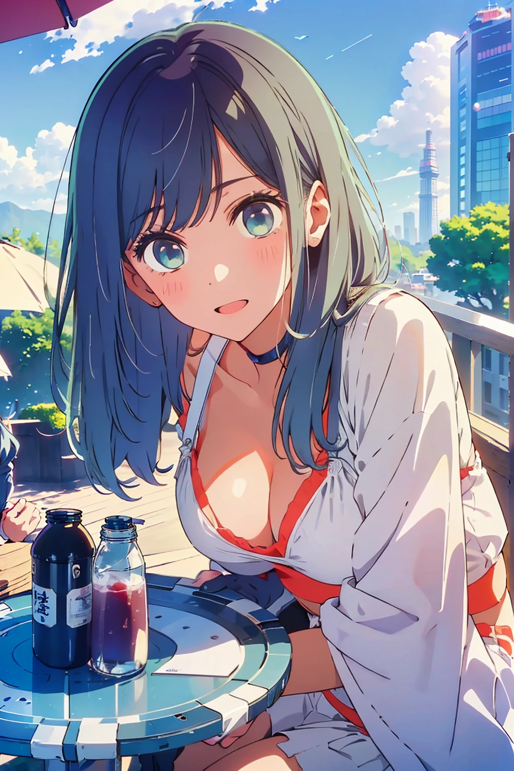 (Highest quality:1.4、8K:1.4、detailed)、F cup bust、Big Breasts、Slim body、Very white beautiful skin、((((1 person、Surprised expression、sit、Chair、In the background are the urban buildings of Tokyo、looking at the camera、Outdoor café terrace、coastal、Navy hair color、juice、White side string high leg bikini、Shooting up close、Shooting from an angle、table、Very cute face))))、(Pose of putting hair behind ears with hands:1.4)、Very blue sky、A completely cloudless sky