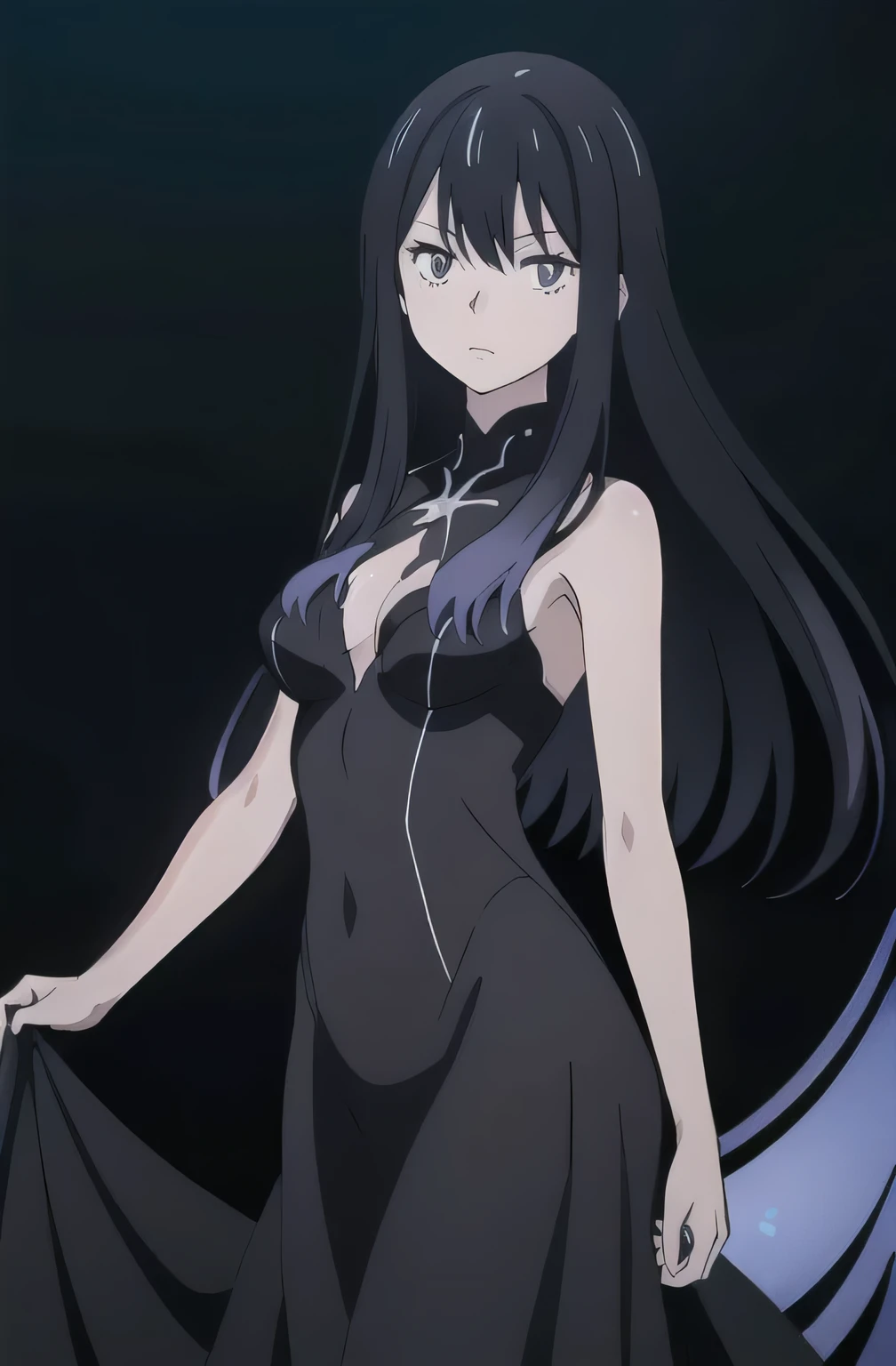Create an anime-style illustration of a beautiful female character embodying a dynamic light and dark theme. She stands gracefully in a gorgeous pose, her elegance enhanced by contrasting elements of light and shadow. The entire frame is enveloped in a dark, black background, accentuating the character's striking presence and ethereal beauty