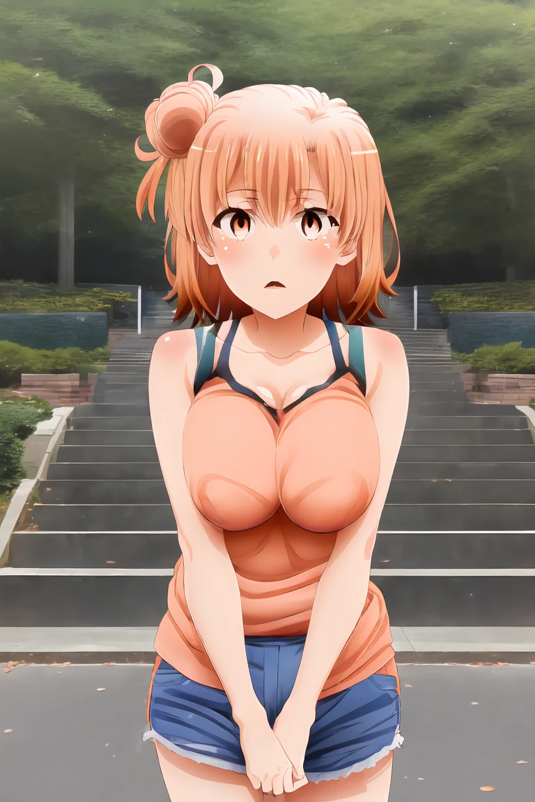 yuiyuigahama, yui yuigahama, short hair, (Brown eyes:1.5), (Orange Hair:1.2), Hair Bun, single Hair Bun, Confused face,?Mark Tank Top,Shorts,1 Girl, alone, Huge breasts, Open your mouth, Looking at the audience, Skin dents,White background,